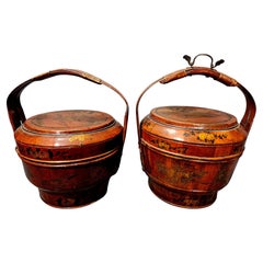 Antique Pair of Chinese Gilt Lacquered Wedding Baskets