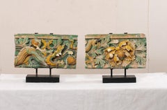 Antique Pair of Chinese Glazed Terracotta Temple Fragments on Custom Stands