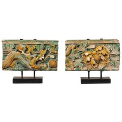 Antique Pair of Chinese Glazed Terracotta Temple Fragments on Custom Stands