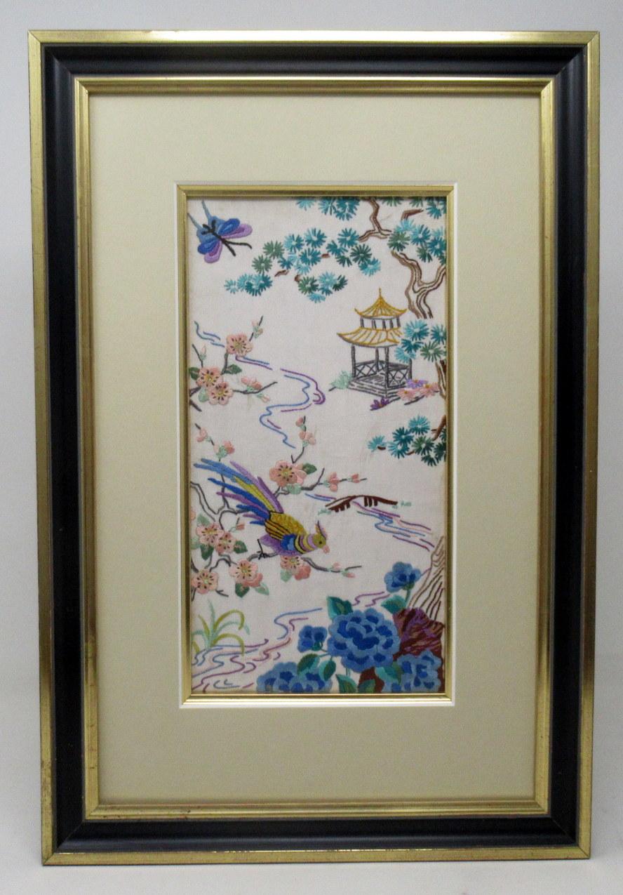 An exceptionally fine quality pair of Chinese hand worked embroidery pictures on woven silk, late 19th, early 20th century. Retailers label at back O’Mahony & Co. Ltd. 120 O'Connell Street, Limerick, Ireland.

The finely detailed needle work on