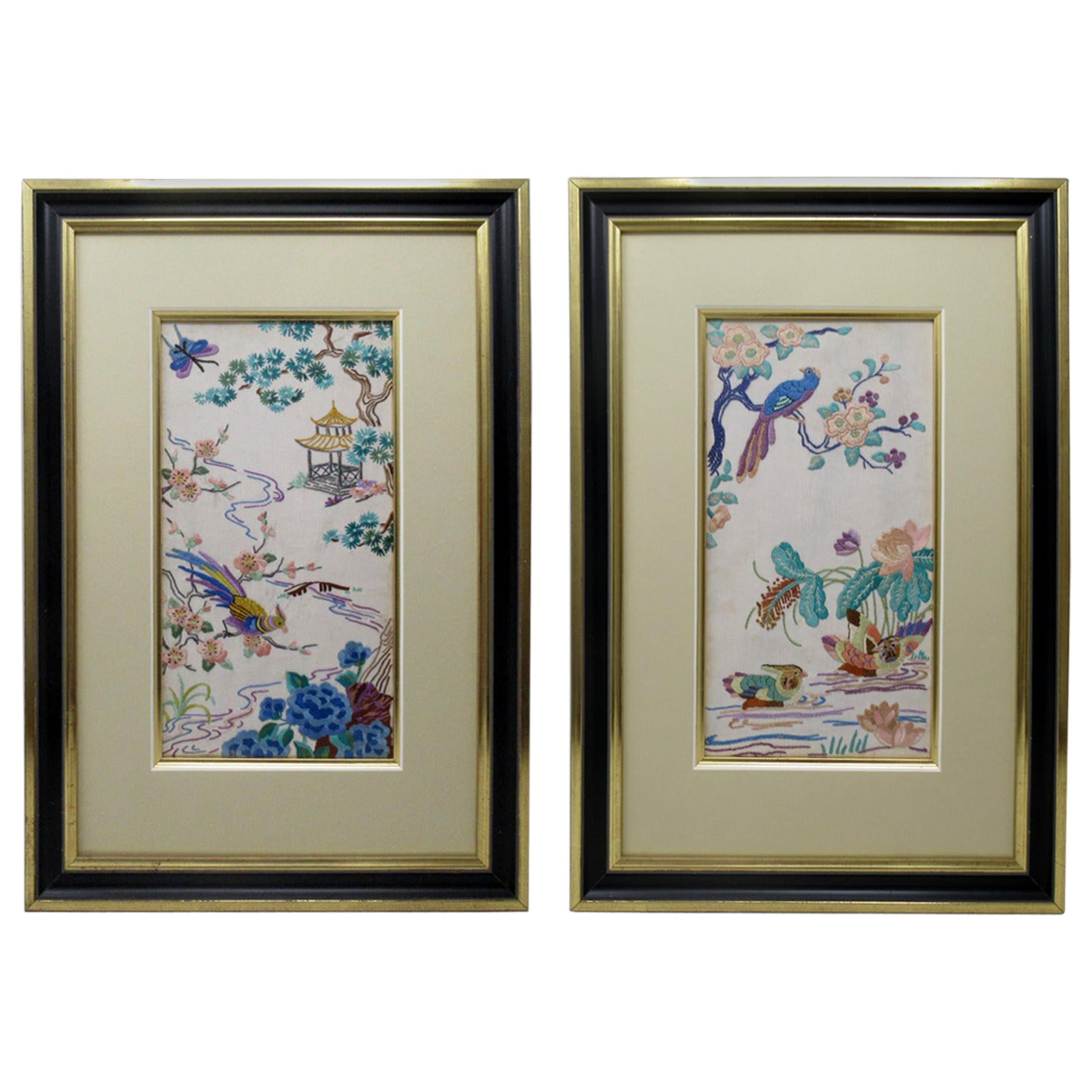 Antique Pair of Chinese Hand Embroidered Silk Pictures Panels Irish Interest