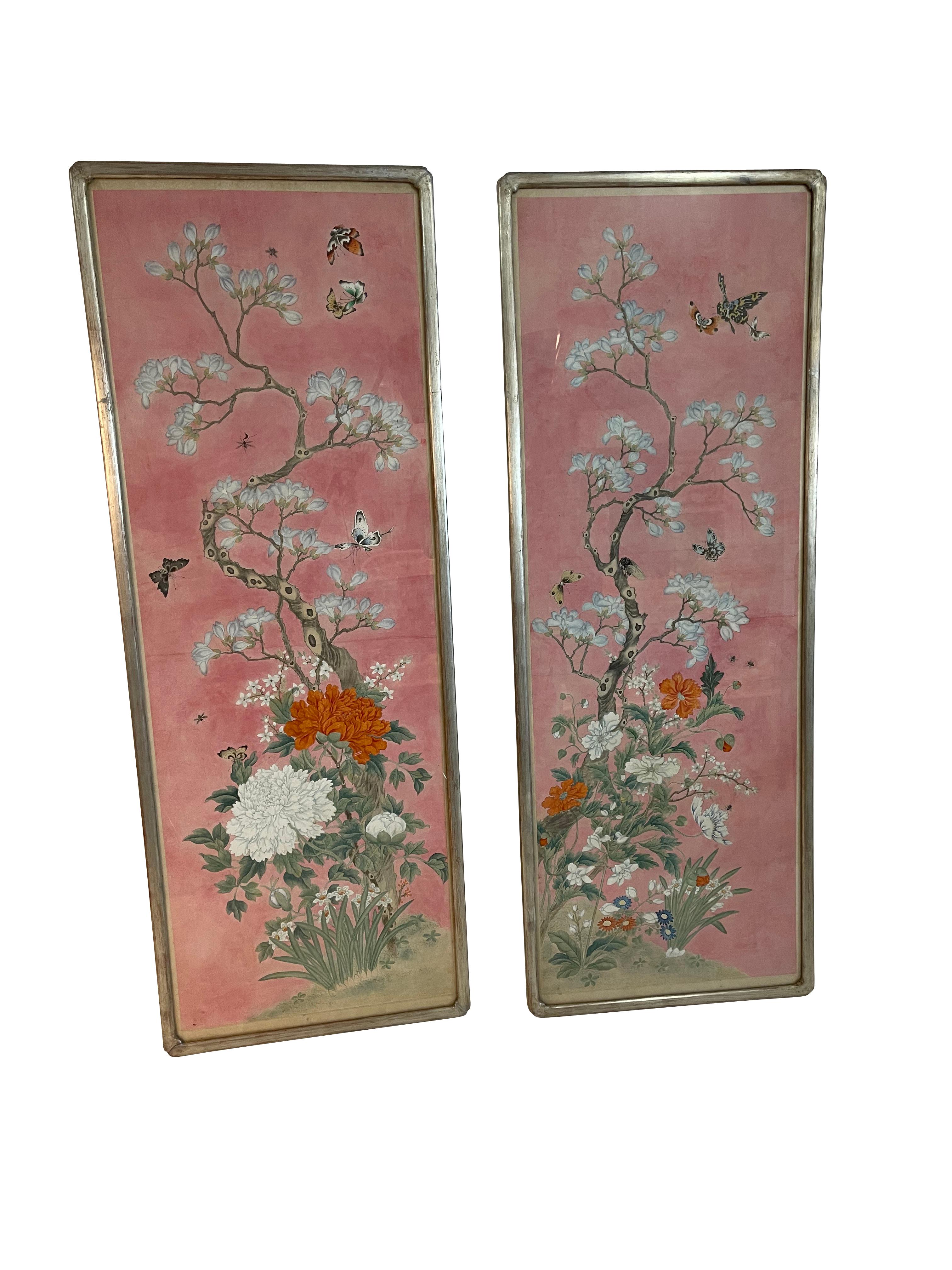 Antique Pair of Chinese Pink Botanical Dogwood Watercolors in Silver Frames  For Sale 5