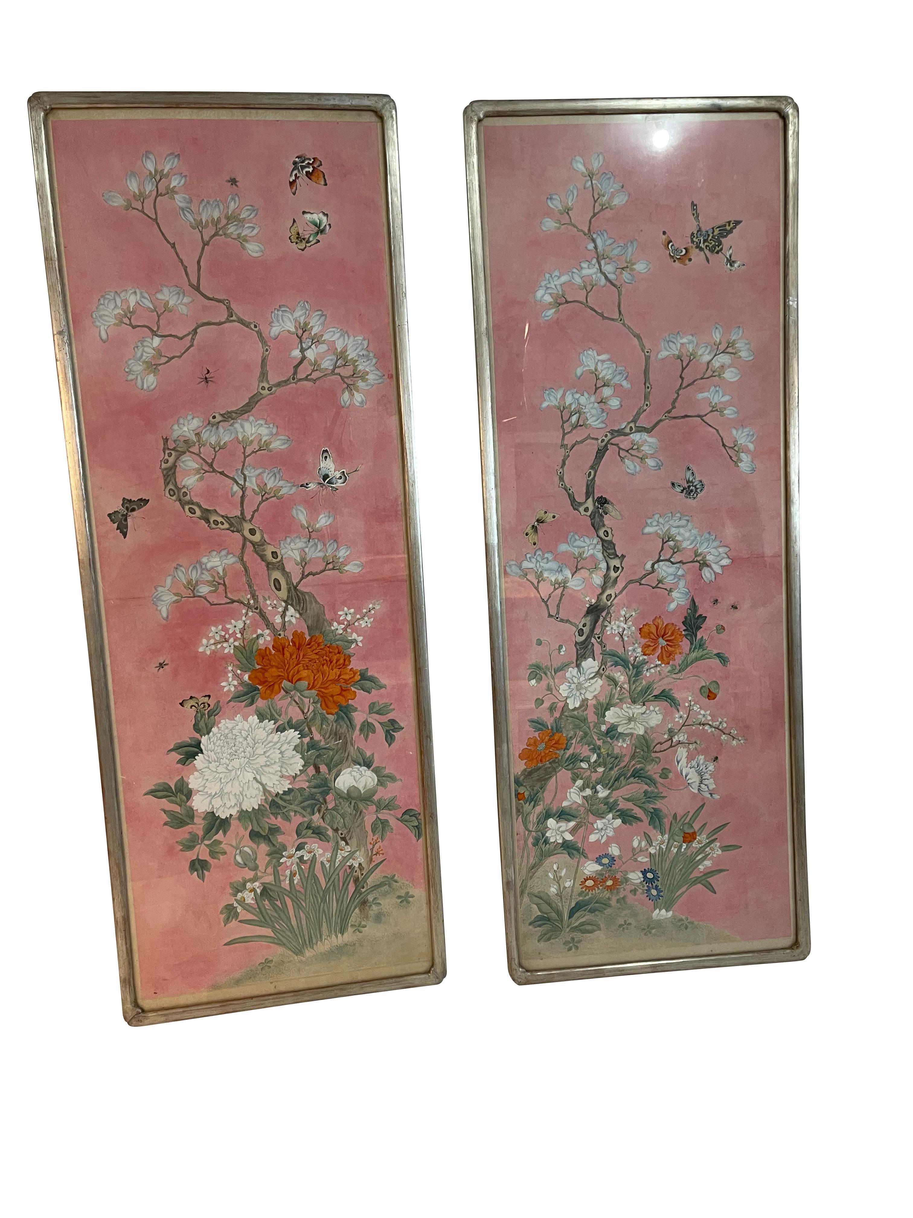 Antique Pair of Chinese Pink Botanical Dogwood Watercolors in Silver Frames  For Sale 7