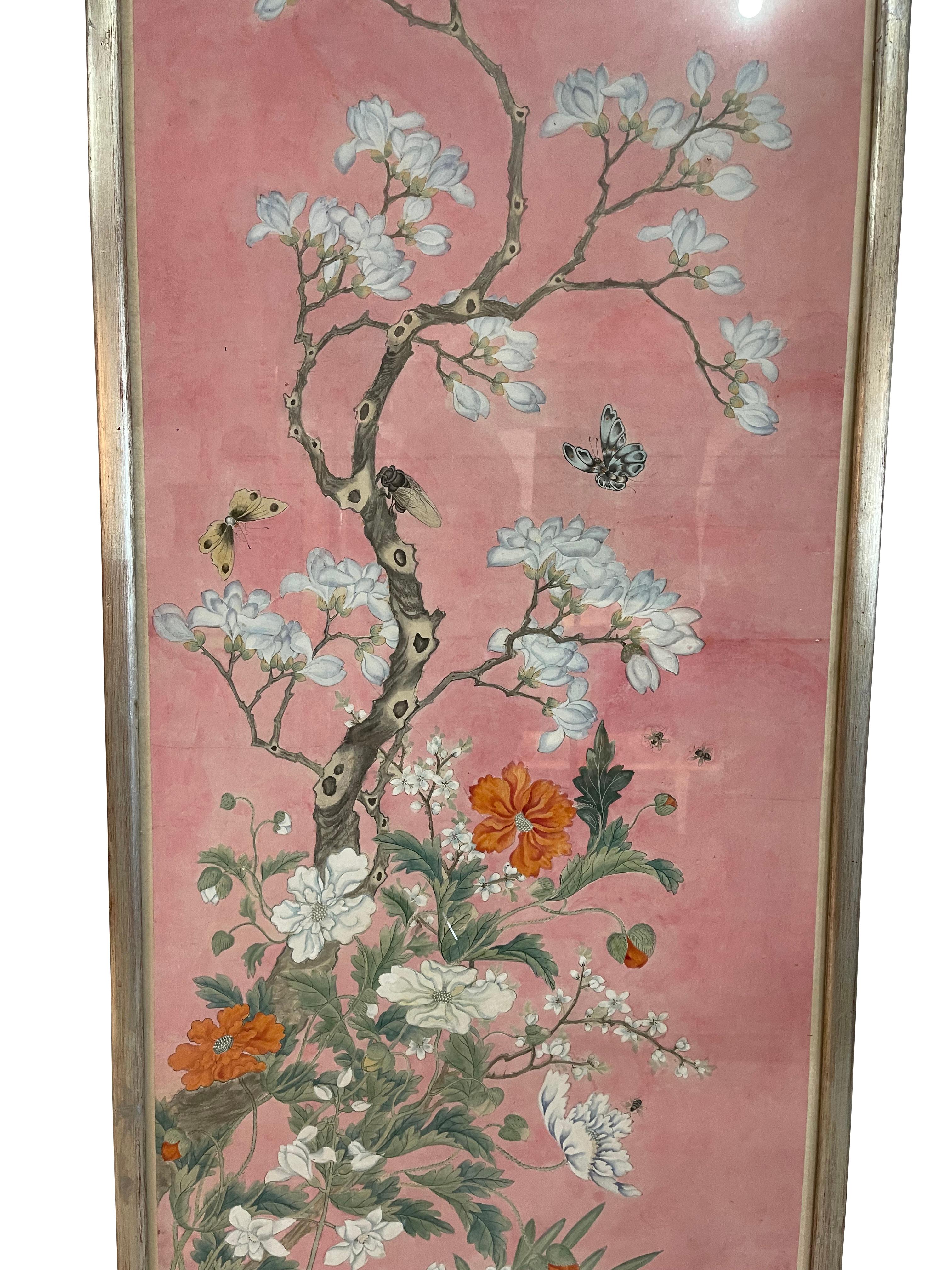Antique Pair of Chinese Pink Botanical Dogwood Watercolors in Silver Frames 1