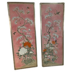 Antique Pair of Chinese Pink Botanical Dogwood Watercolors in SilverFrames 