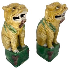 Antique Pair of Chinese Polychrome Ceramic Foo Lions