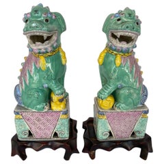 Antique Pair of Chinese Porcelain Famille Rose Foo Dogs