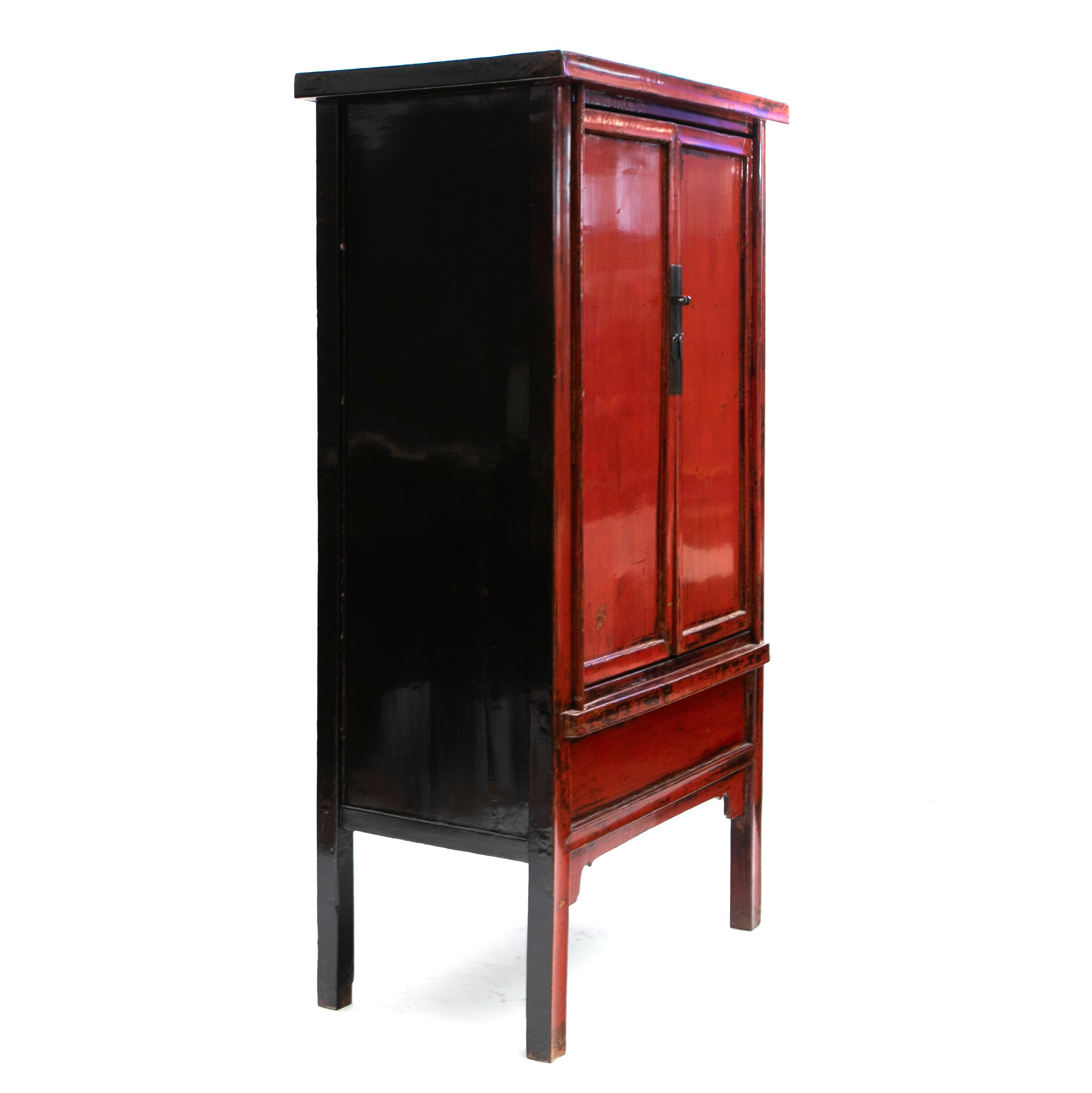 Brass Pair of Chinese Red and Black Lacquer Cabinets For Sale