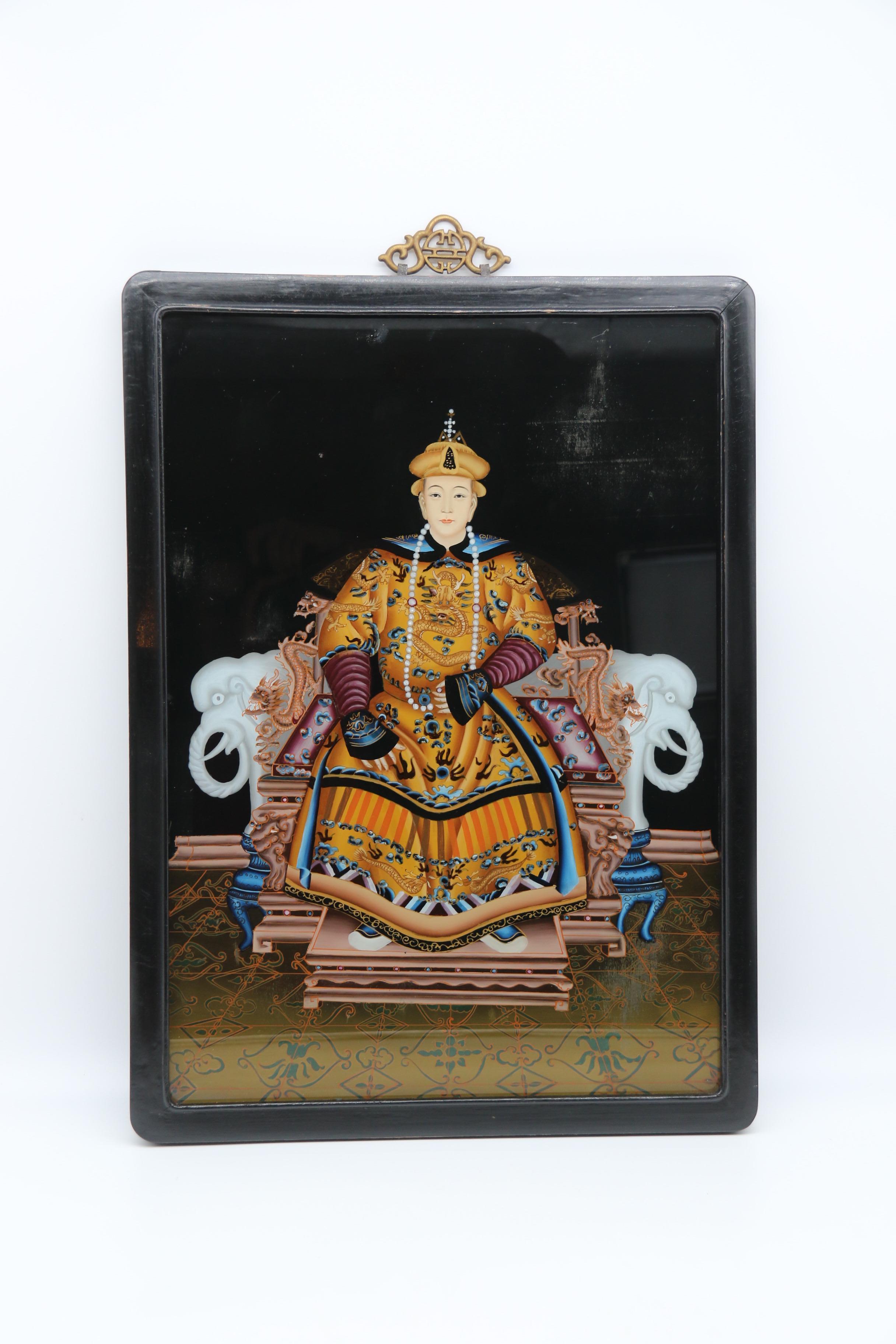 Antique pair of Chinese reverse painted pictures, the Emperor and Empress C 1920 For Sale 2