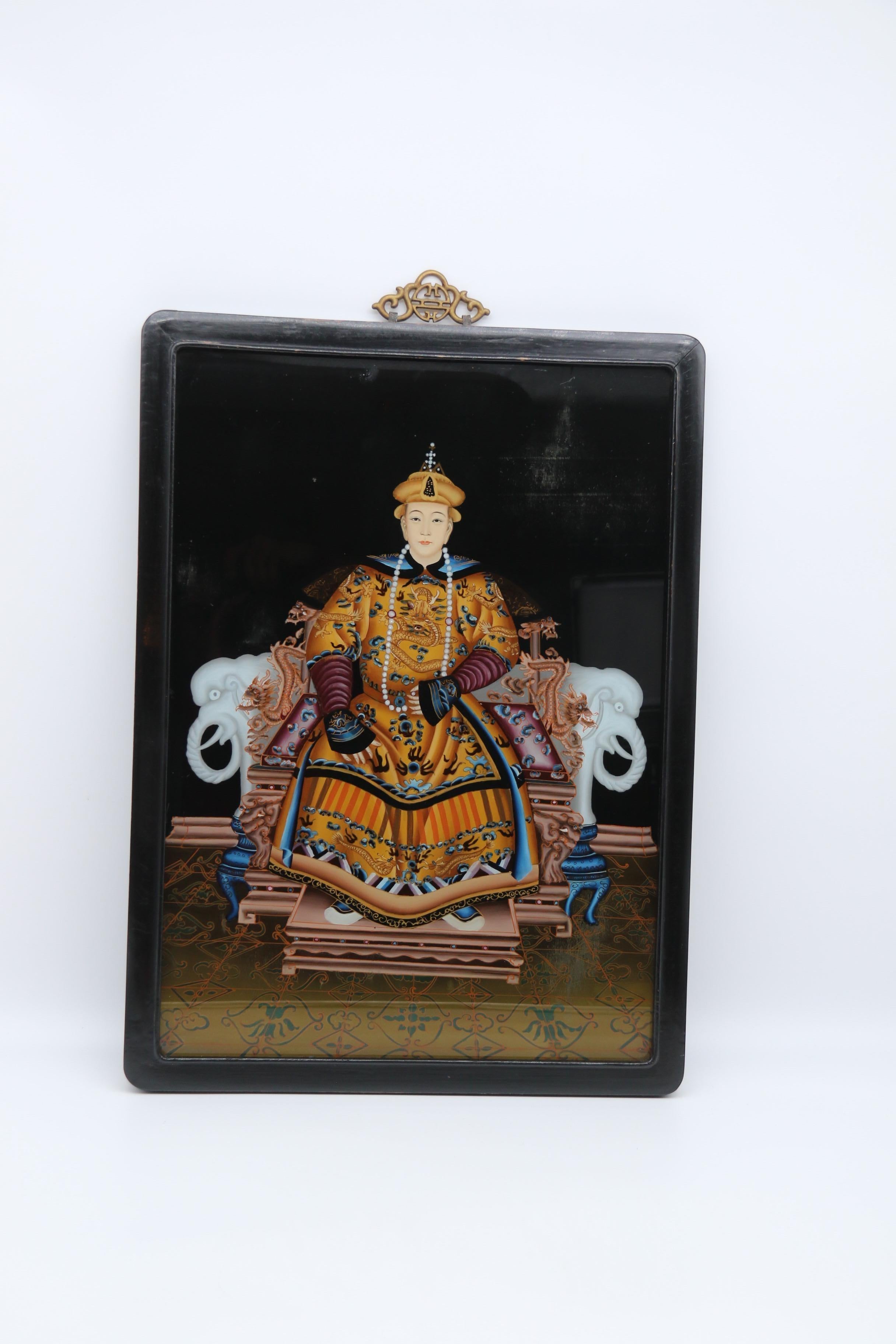 Antique pair of Chinese reverse painted pictures, the Emperor and Empress C 1920 For Sale 4