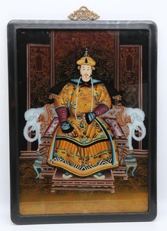 Antica coppia di quadri cinesi dipinti al contrario, l'Imperatore e l'Imperatrice C.C. 1920