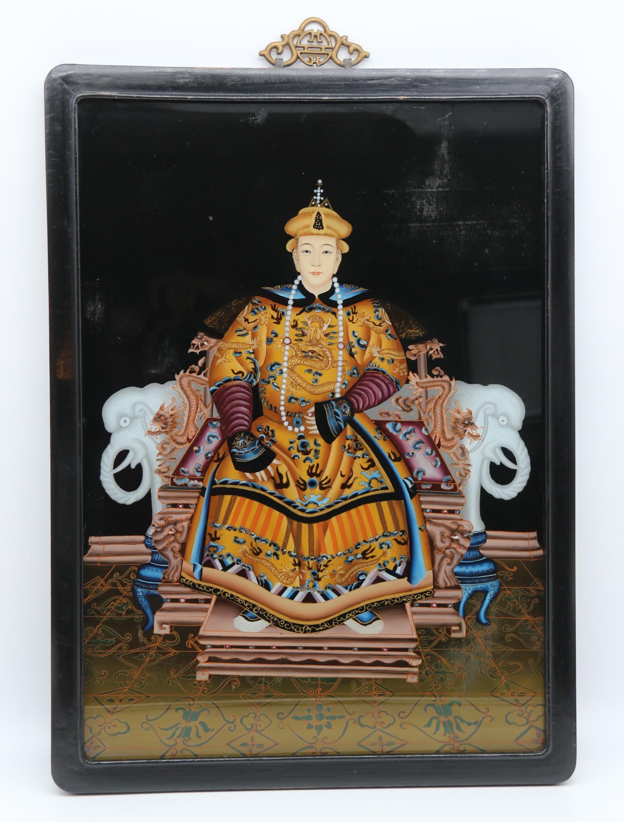 Antique pair of Chinese reverse painted pictures, the Emperor and Empress C 1920 For Sale 1