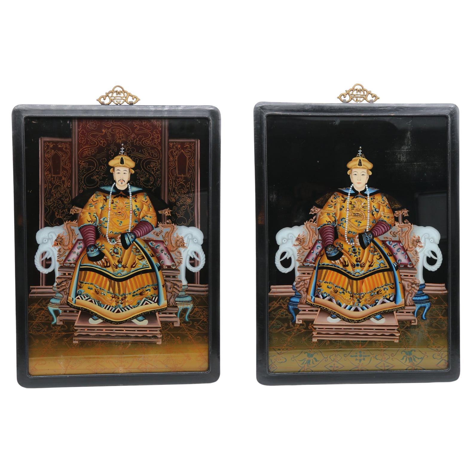 Antique pair of Chinese reverse painted pictures, the Emperor and Empress C 1920