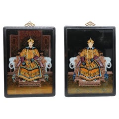 Antique pair of Chinese reverse painted pictures, the Emperor and Empress C 1920