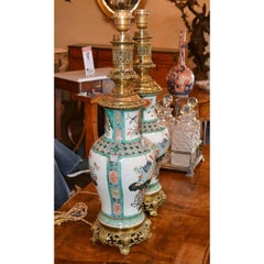 Antique Pair of Chinese Rose Medallion Porcelain Lamps