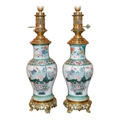 Antique Pair of Chinese Rose Medallion Porcelain Lamps