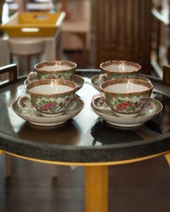 Antique Pair of Chinese Rose Medallion Teacups and Saucers