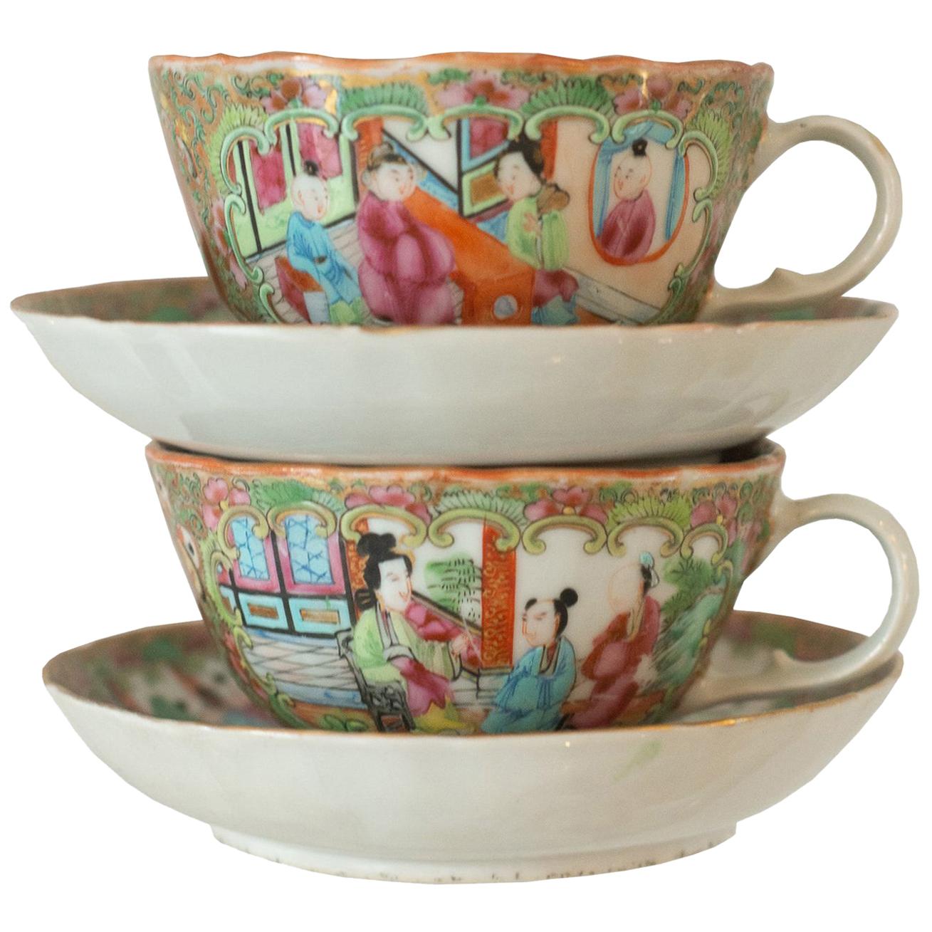 Antique Pair of Chinese Rose Medallion Teacups and Saucers For Sale