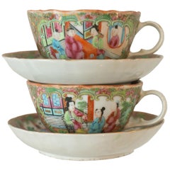 Used Pair of Chinese Rose Medallion Teacups and Saucers