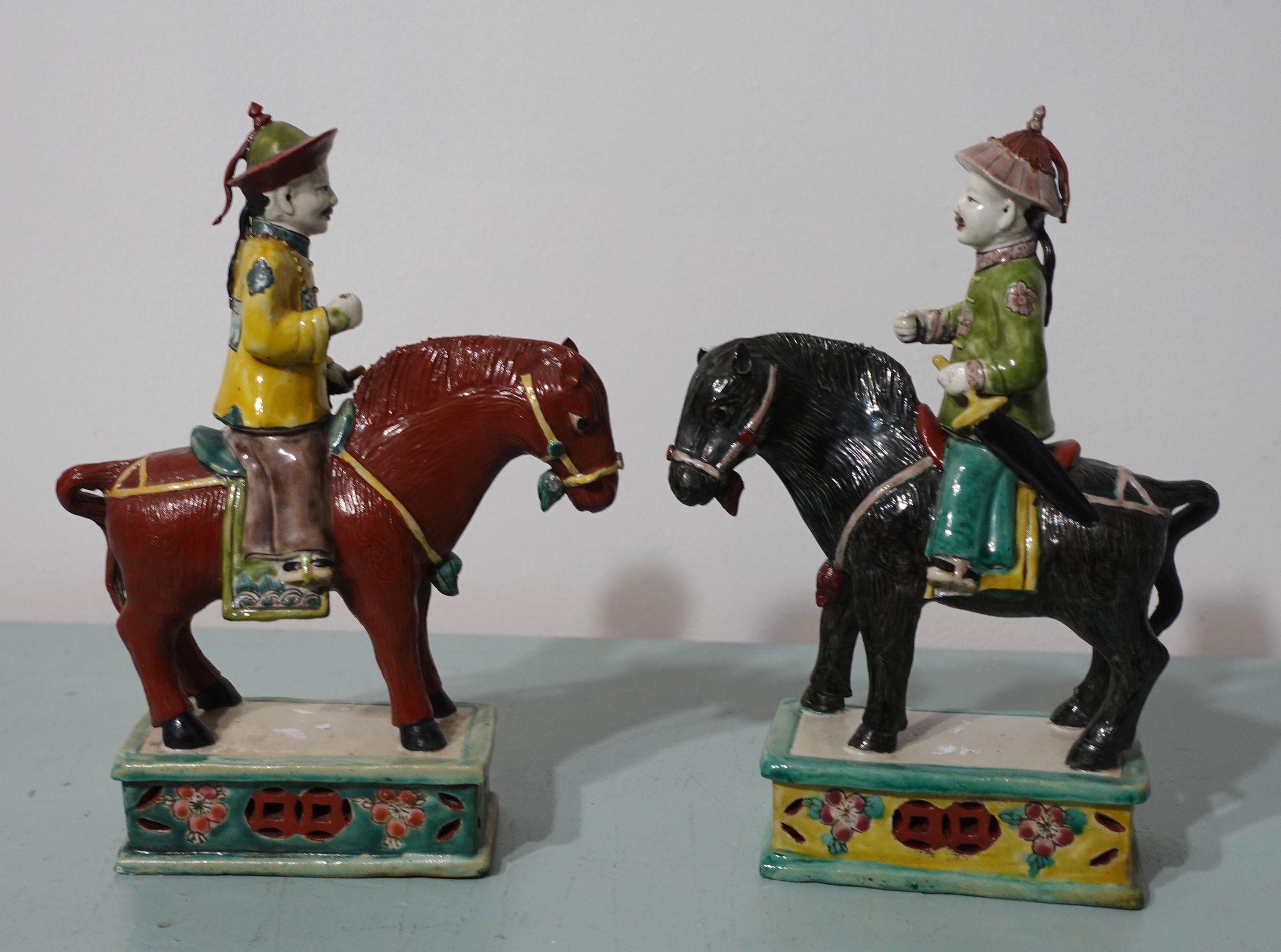Other Antique Pair of Chinese Su Sanci Glazed Horse Figure and Men, 19th Century For Sale