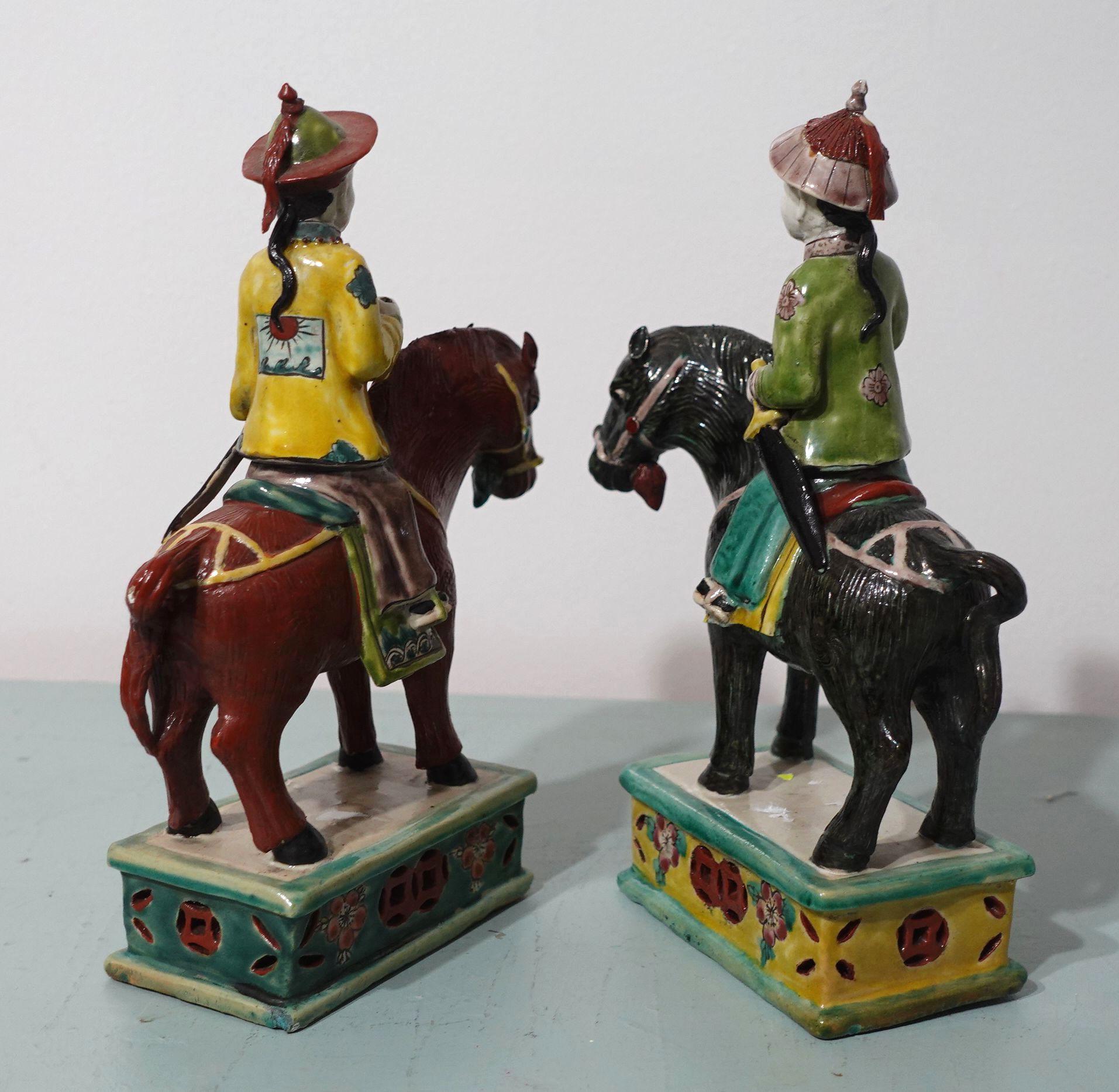 Hand-Crafted Antique Pair of Chinese Su Sanci Glazed Horse Figure and Men, 19th Century For Sale
