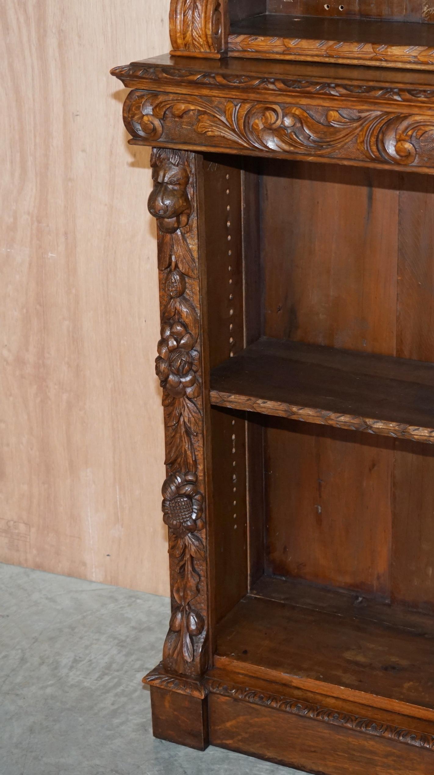 Mid-19th Century Antique Pair of circa 1860 Jacobean Revival English Carved Oak Library Bookcases