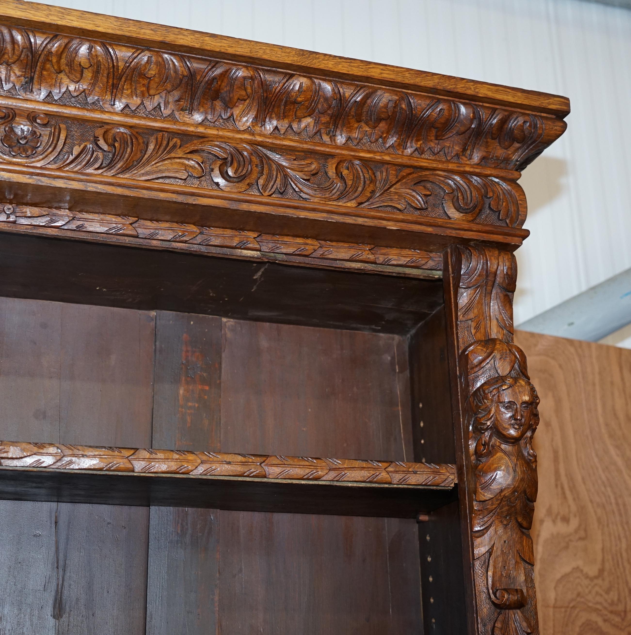 Antique Pair of circa 1860 Jacobean Revival English Carved Oak Library Bookcases 3