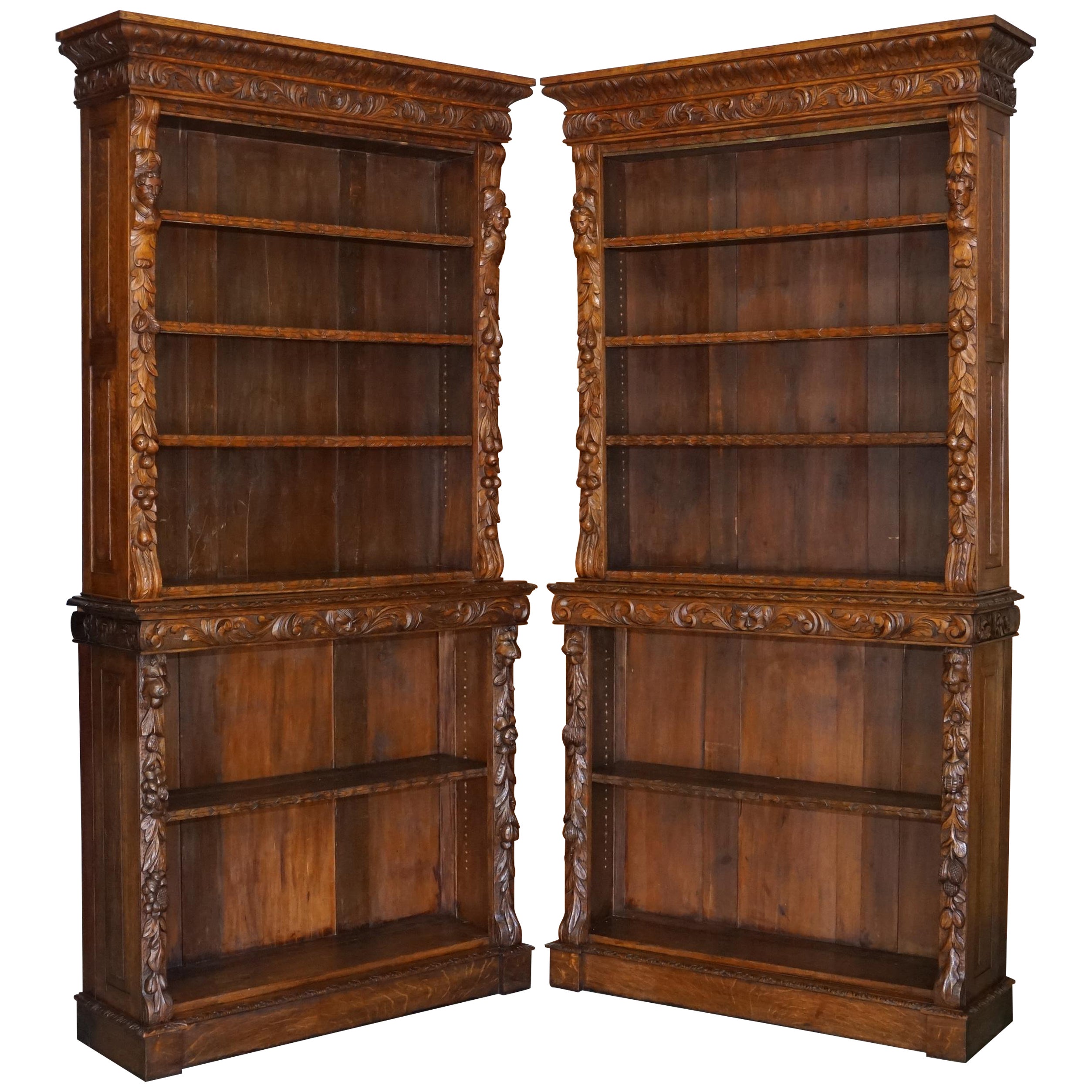 Antica coppia di librerie da biblioteca in quercia intagliata in stile revival giacobino del 1860 circa