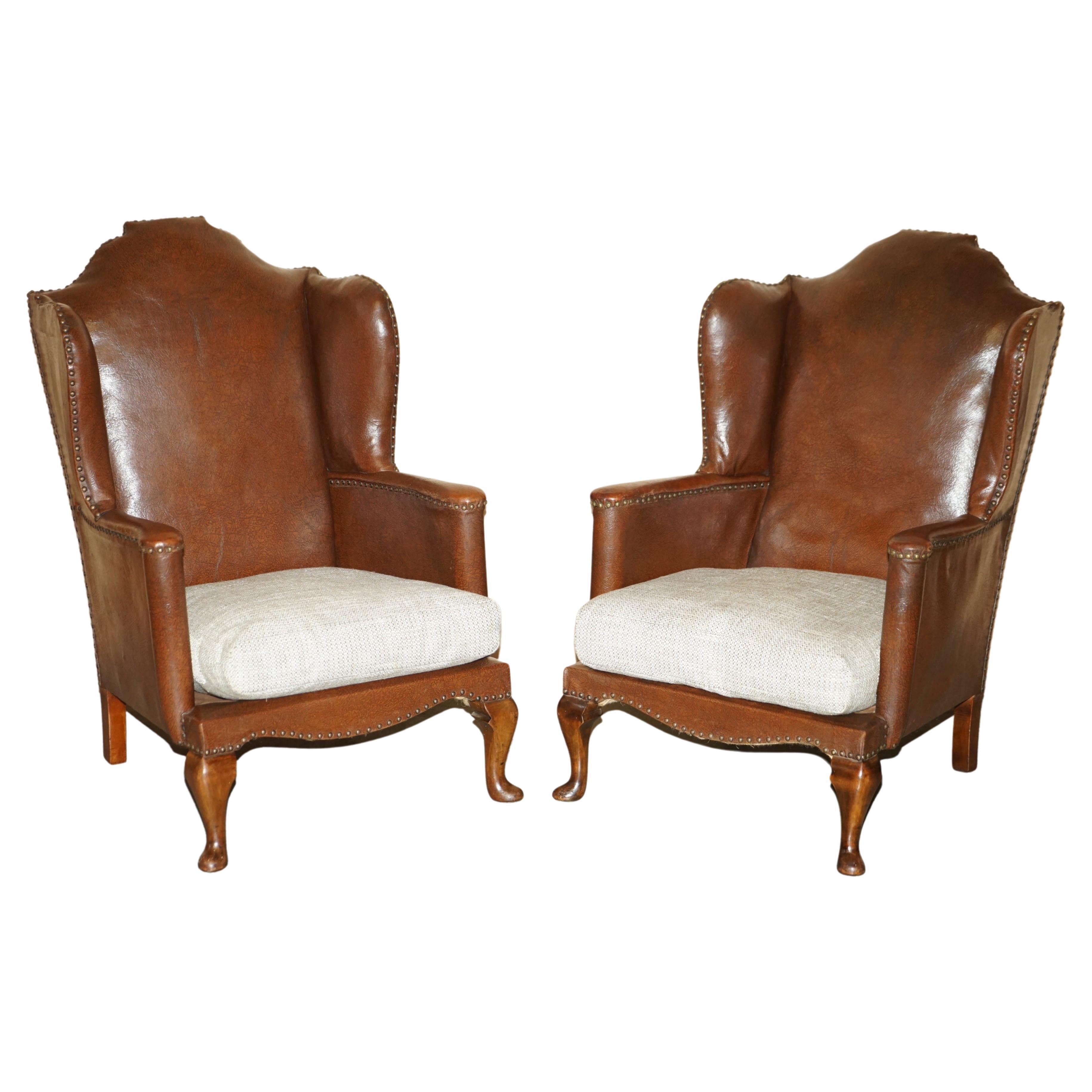 Antique Pair of circa 1880 William Morris Carved Legged Wingback Armchairs For Sale