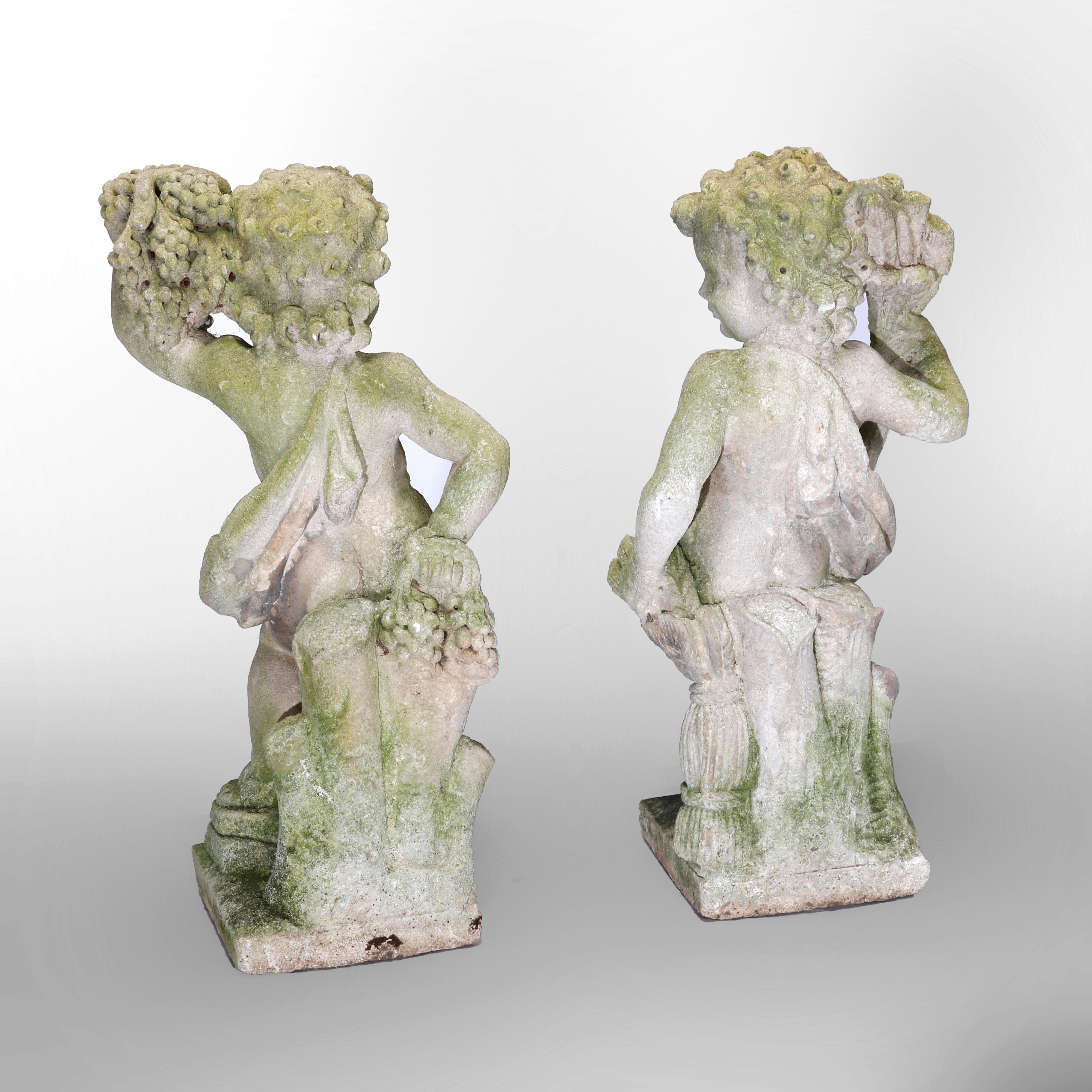 Antique Pair of Classical Harvest Cherub Cast Stone Garden Statues circa 1890 9