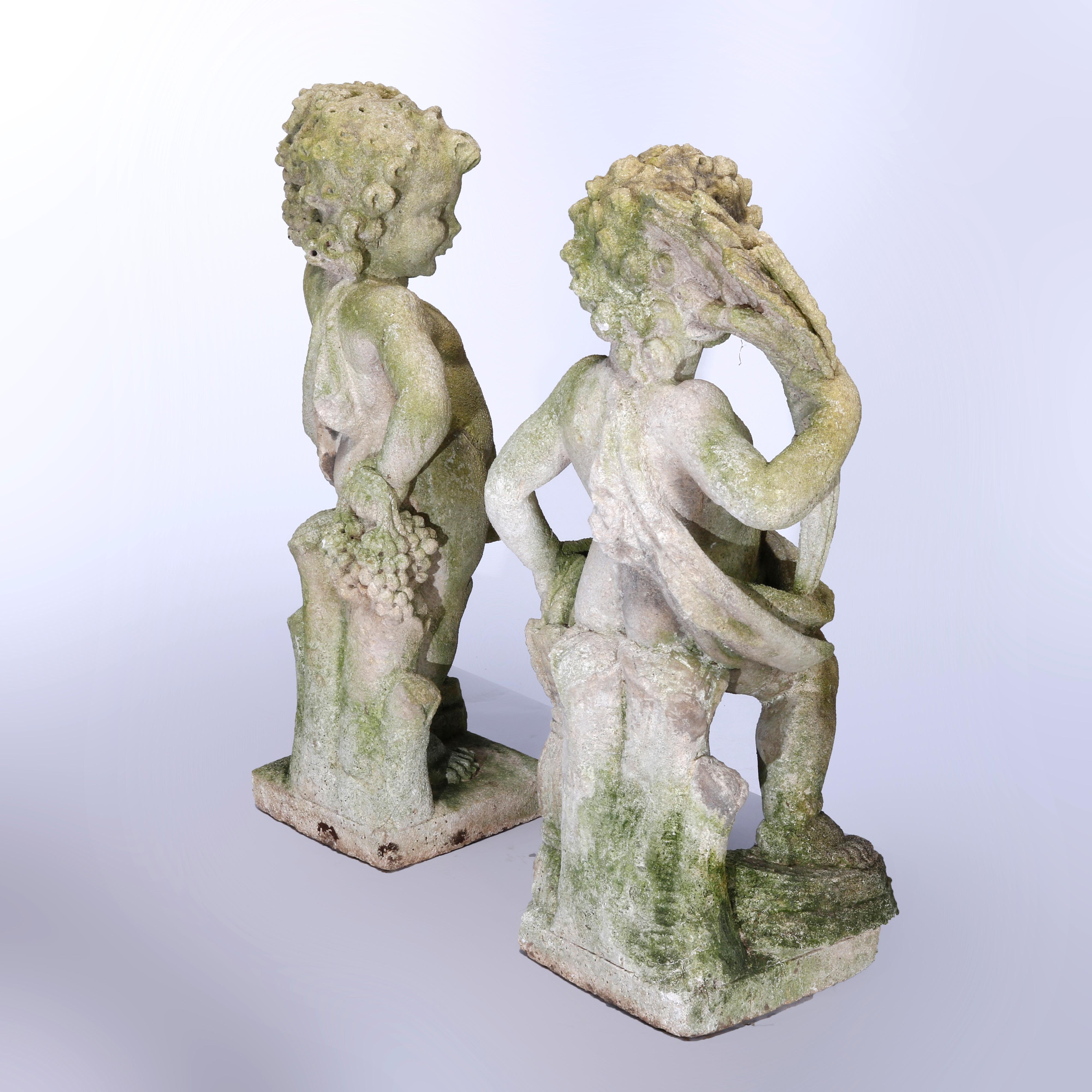 Antique Pair of Classical Harvest Cherub Cast Stone Garden Statues circa 1890 10