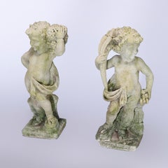 Antique Pair of Classical Harvest Cherub Cast Stone Garden Statues circa 1890