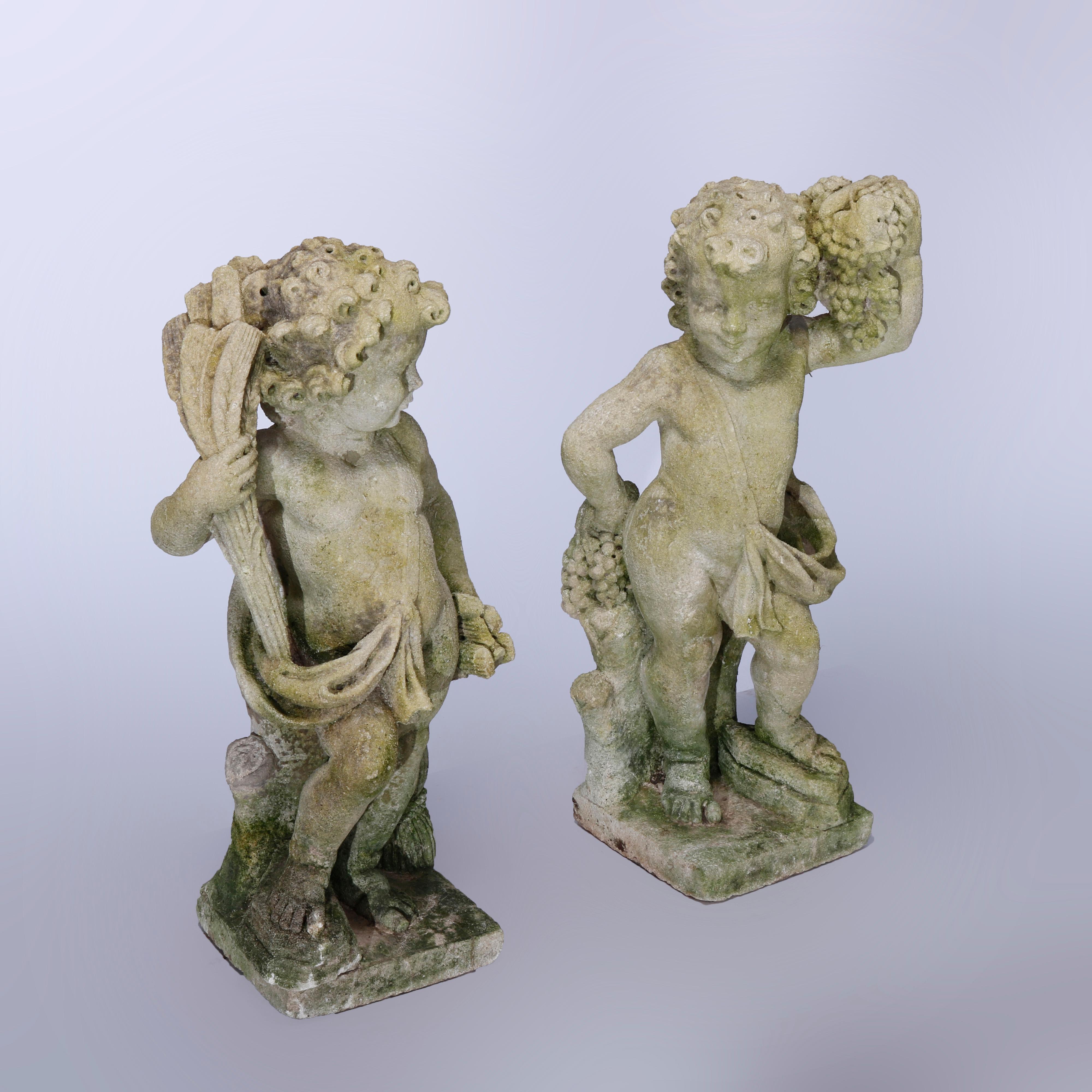 Classical Greek Antique Pair of Classical Harvest Cherub Cast Stone Garden Statues circa 1890
