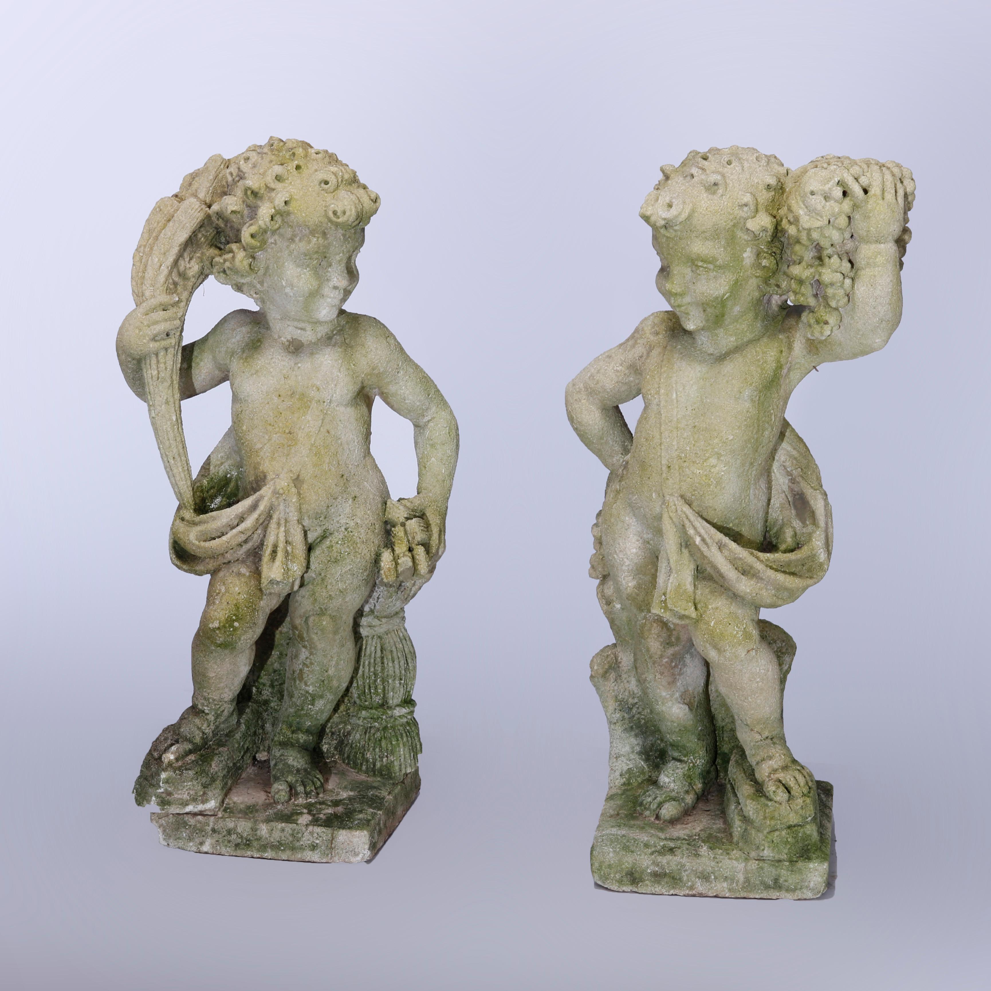 Antique Pair of Classical Harvest Cherub Cast Stone Garden Statues circa 1890 In Good Condition In Big Flats, NY