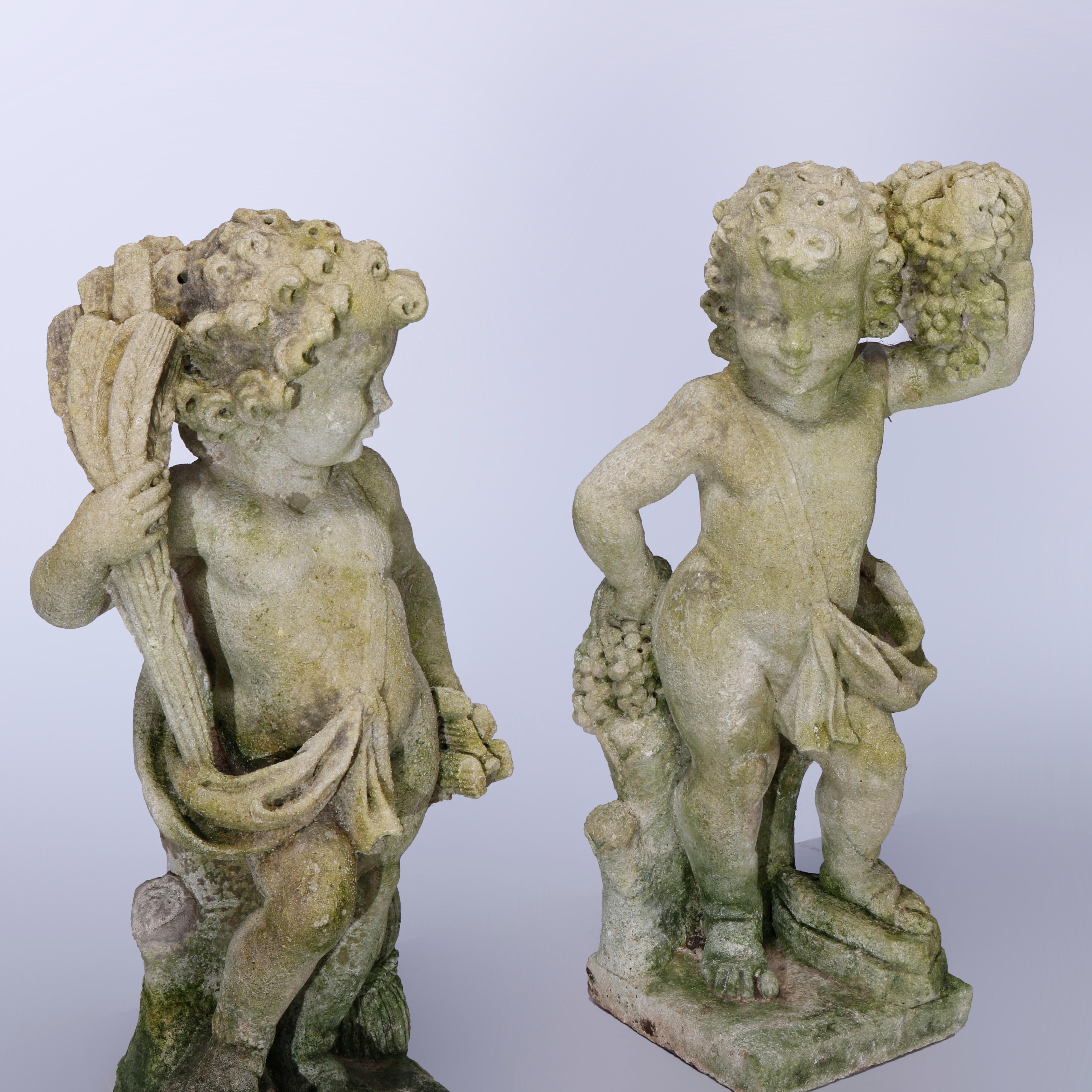 19th Century Antique Pair of Classical Harvest Cherub Cast Stone Garden Statues circa 1890