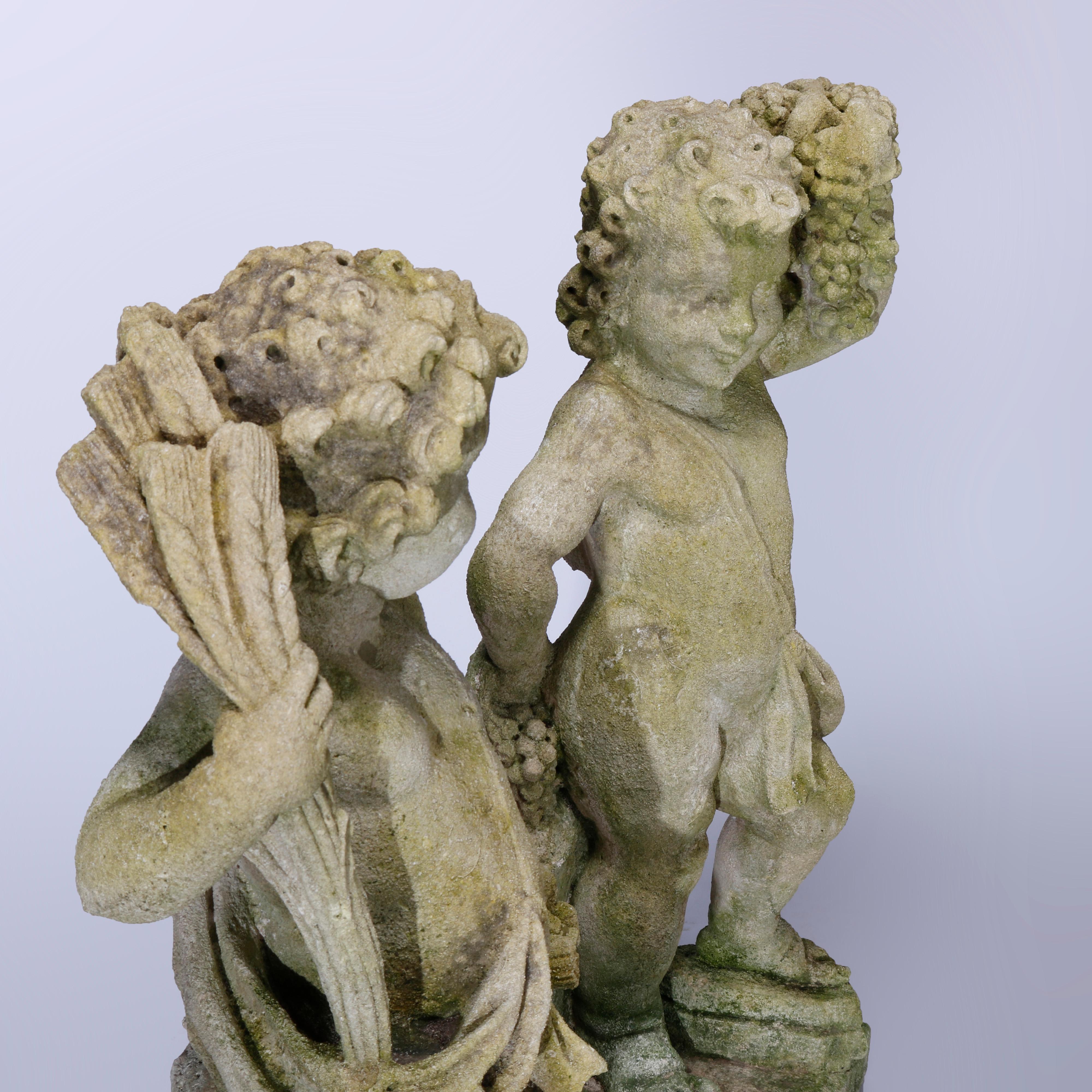 Concrete Antique Pair of Classical Harvest Cherub Cast Stone Garden Statues circa 1890