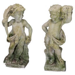 Antique Pair of Classical Harvest Cherub Cast Stone Garden Statues circa 1890