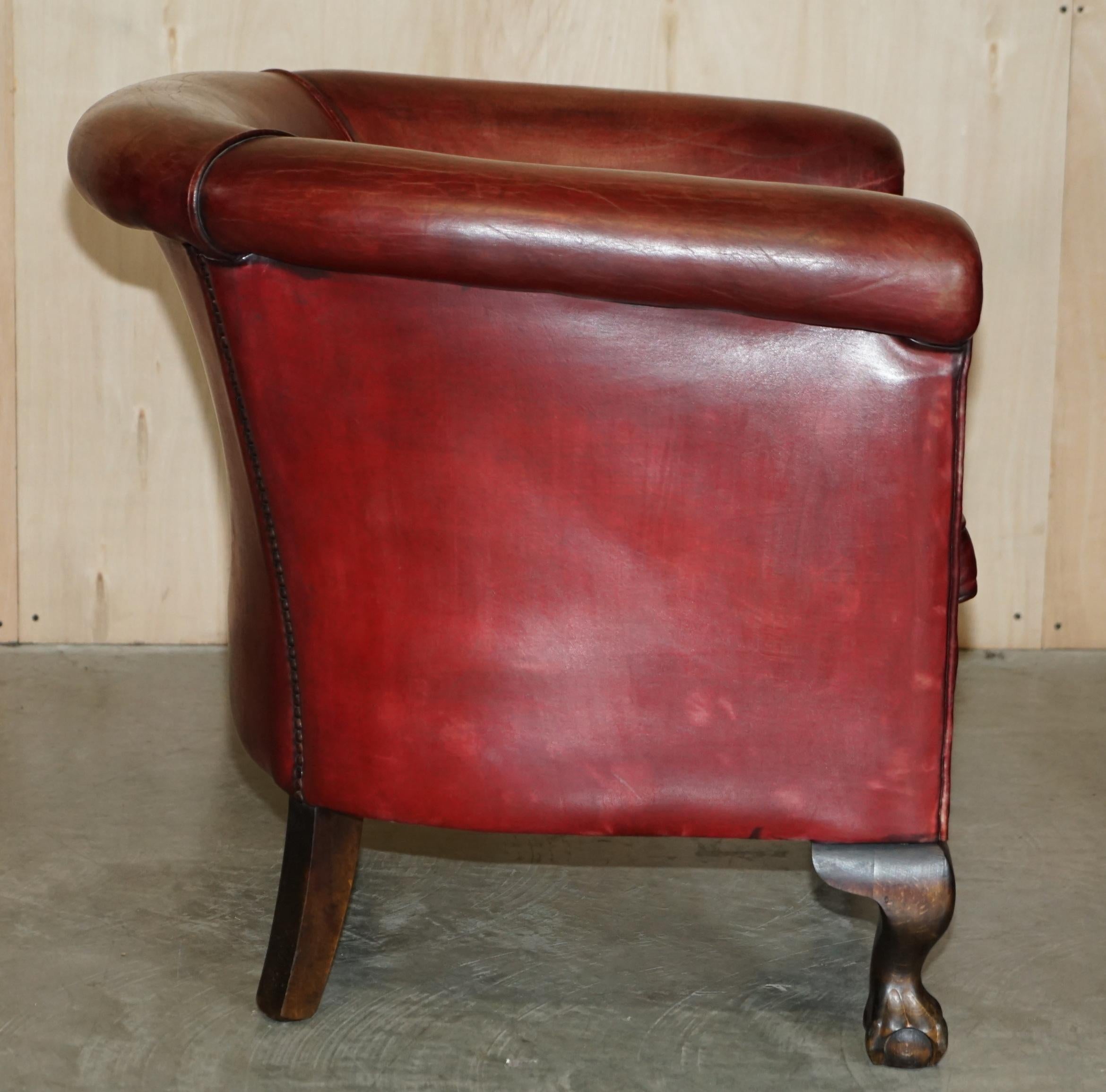 Antique Pair of Claw & Ball Feet Leather Club Tub Armchairs Chippendale Cushions For Sale 4
