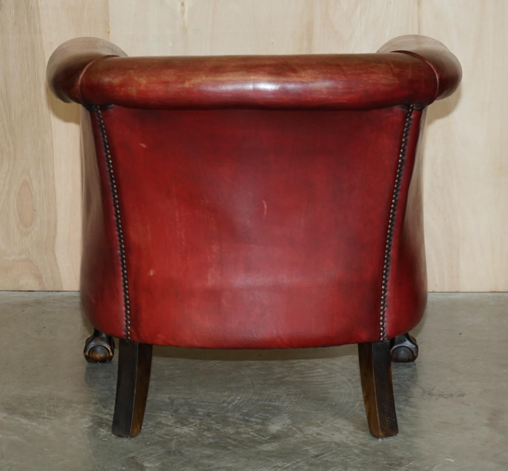 Antique Pair of Claw & Ball Feet Leather Club Tub Armchairs Chippendale Cushions For Sale 5