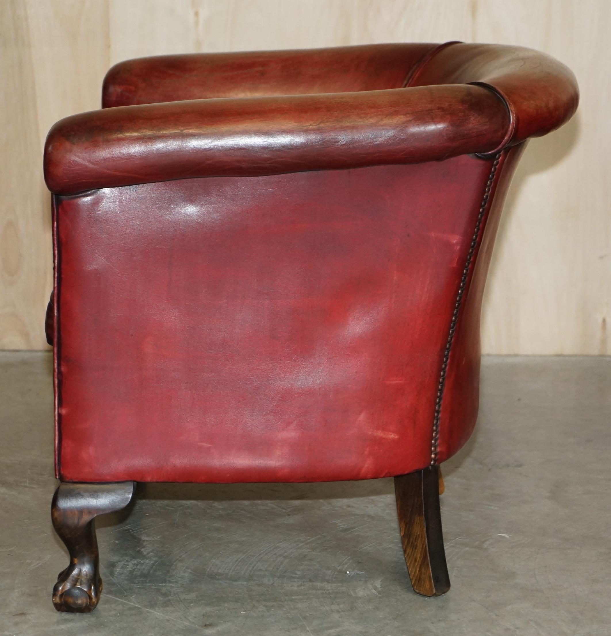 Antique Pair of Claw & Ball Feet Leather Club Tub Armchairs Chippendale Cushions For Sale 6