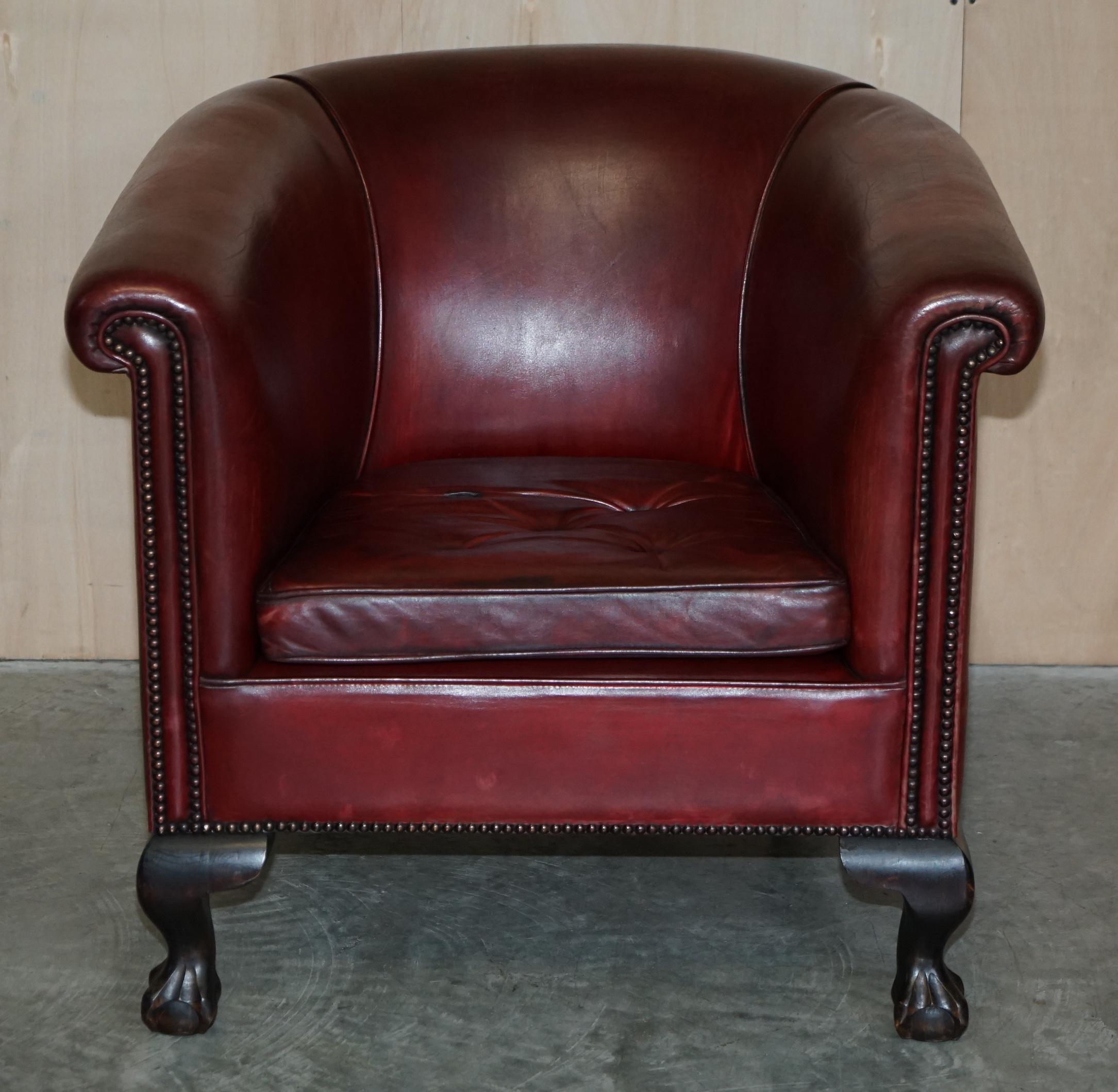 Antique Pair of Claw & Ball Feet Leather Club Tub Armchairs Chippendale Cushions 7