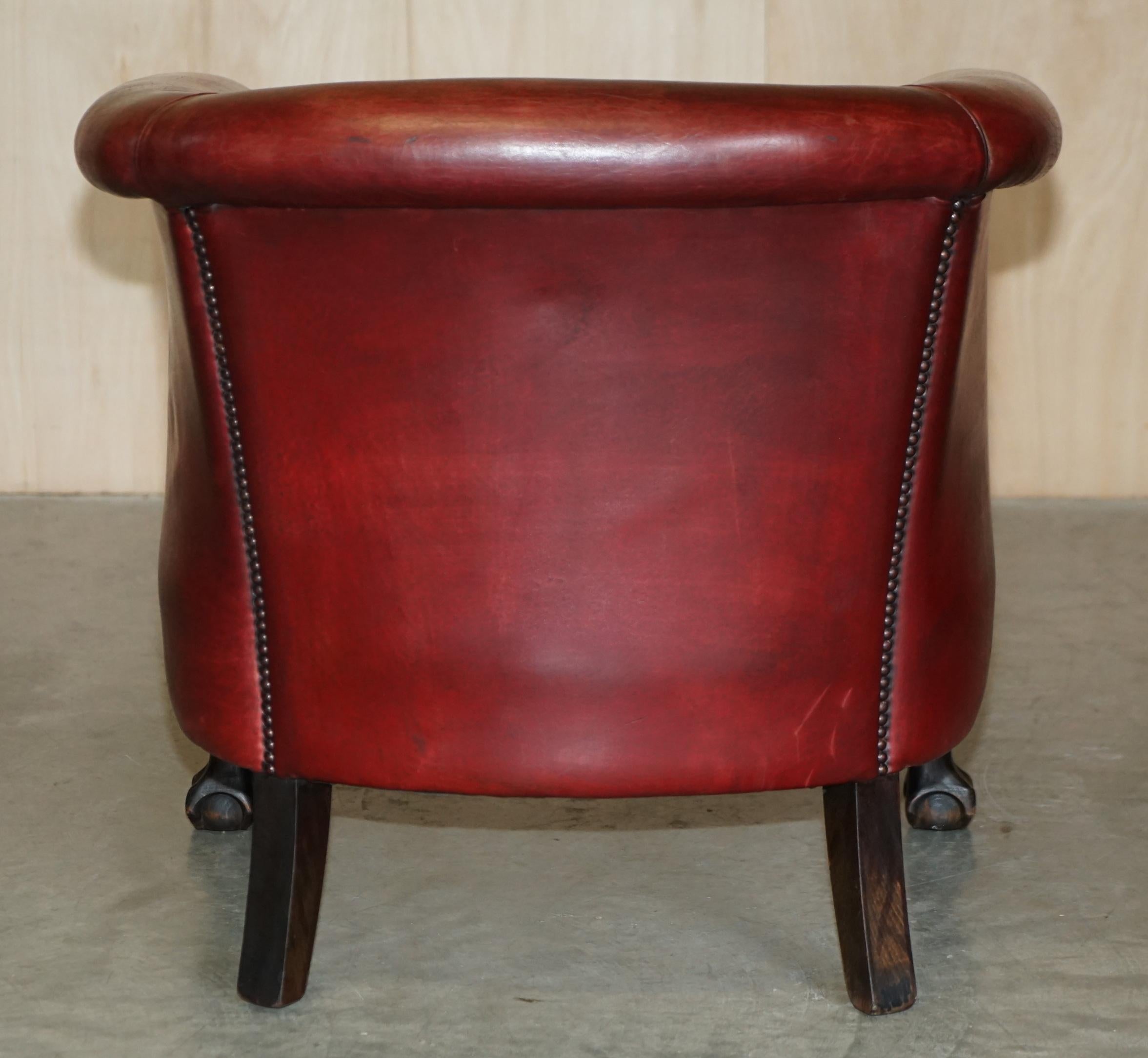 Antique Pair of Claw & Ball Feet Leather Club Tub Armchairs Chippendale Cushions For Sale 14
