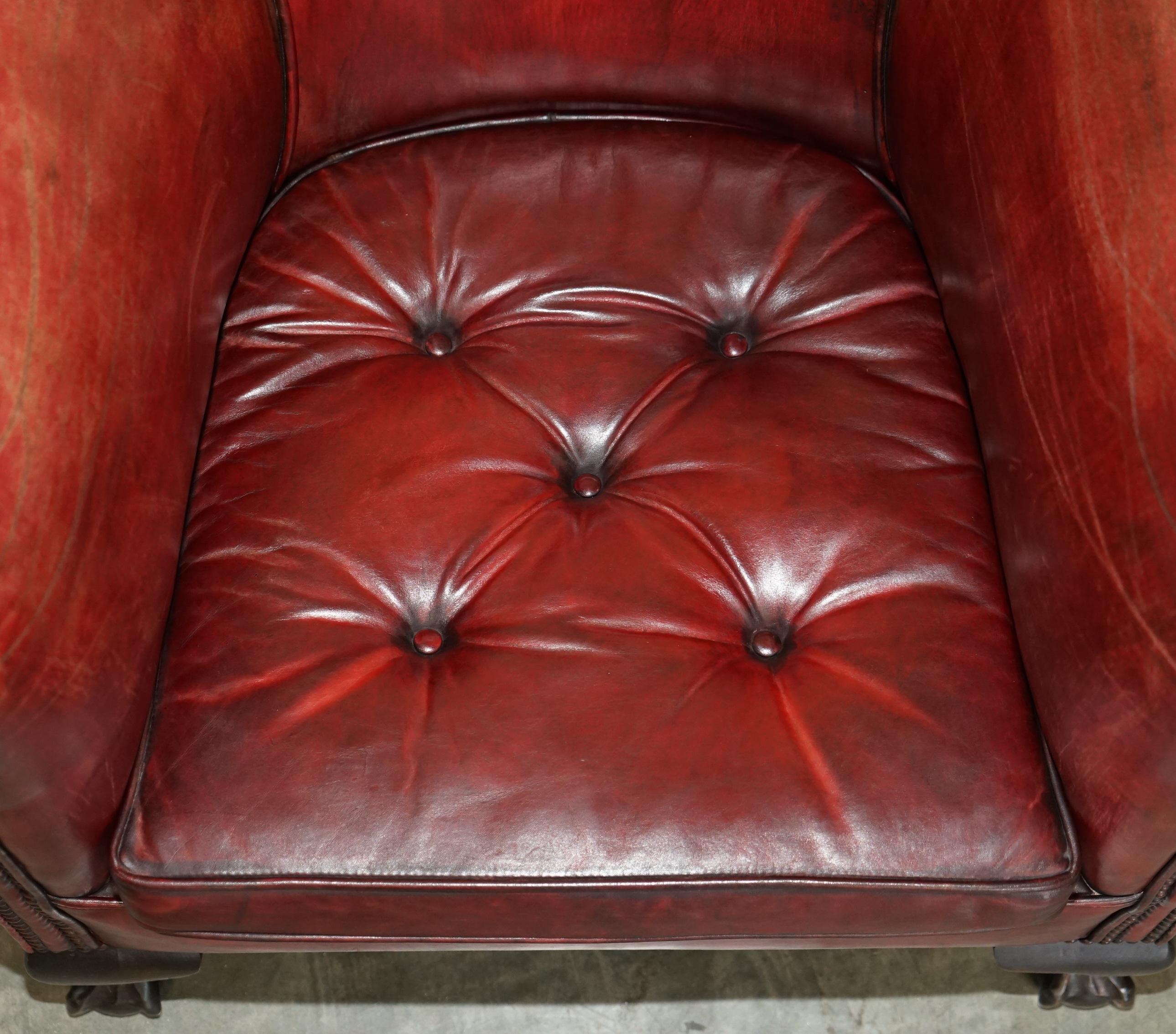 Antique Pair of Claw & Ball Feet Leather Club Tub Armchairs Chippendale Cushions 1