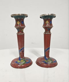Antique pair of cloisonné enamel candlesticks, China 19th Century