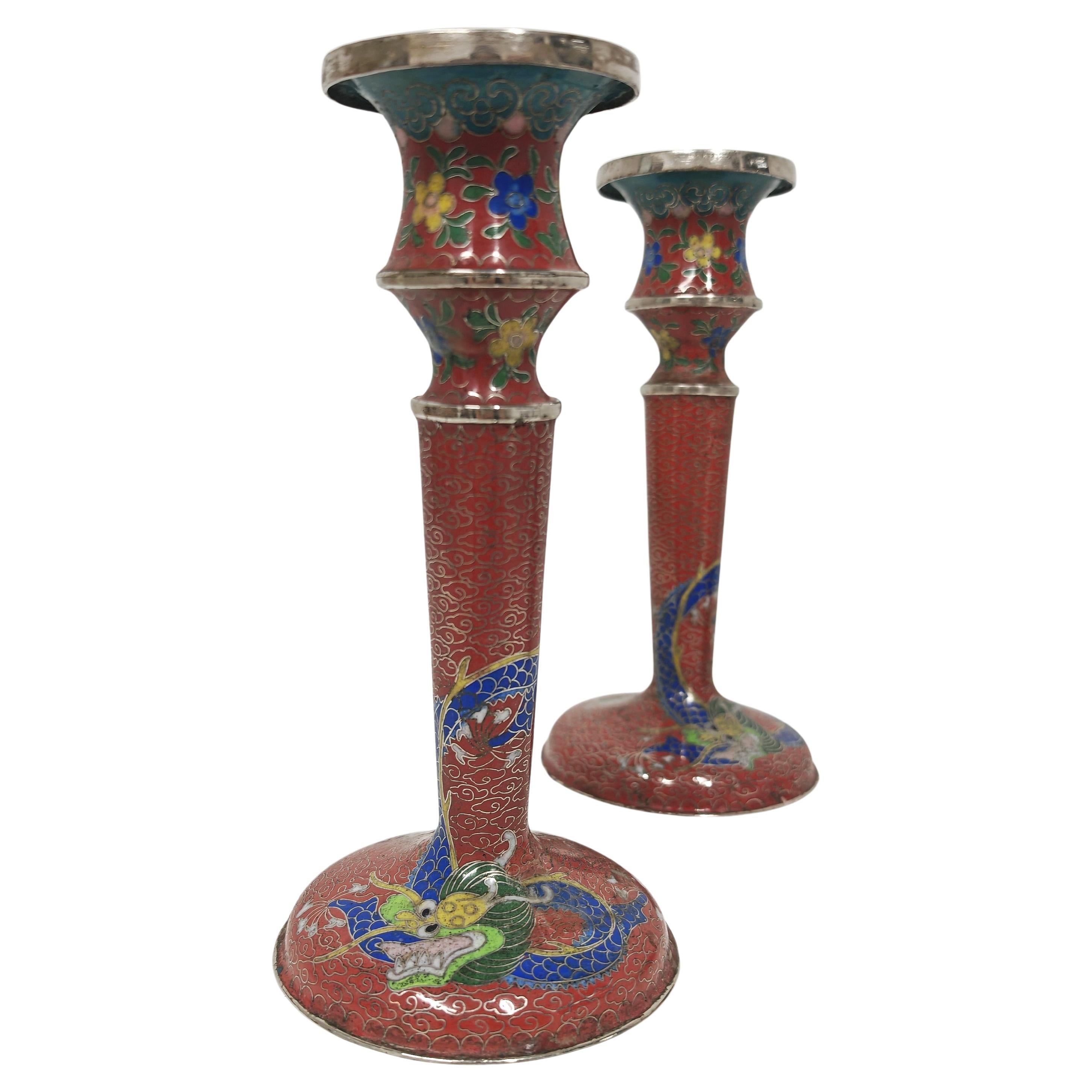 Antique pair of cloisonné enamel candlesticks, China 19th Century For Sale