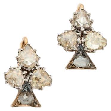Art Nouveau Antique Pair Of Clover Rose Cut Diamond Earrings For Sale