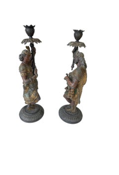 Antique Pair of Cold Painted Regal Man & Woman White Meta Figural Candlesticks