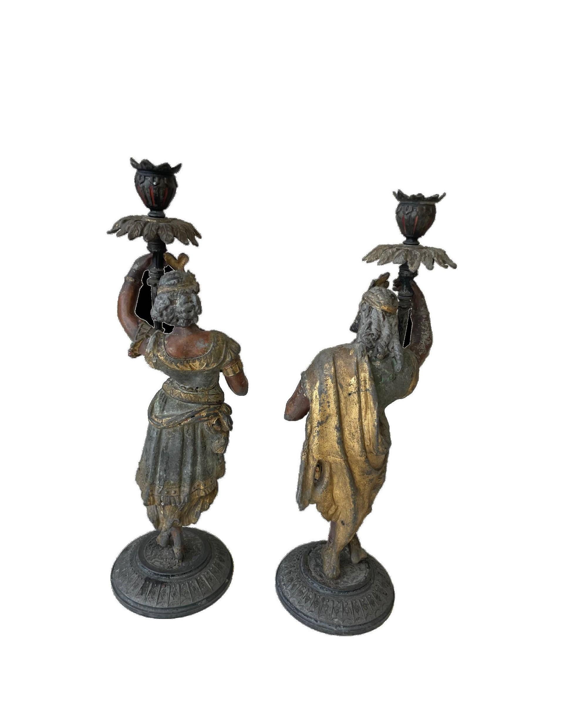 Other Antique Pair of Cold Painted Regal Man & Woman White Meta Figural Candlesticks For Sale