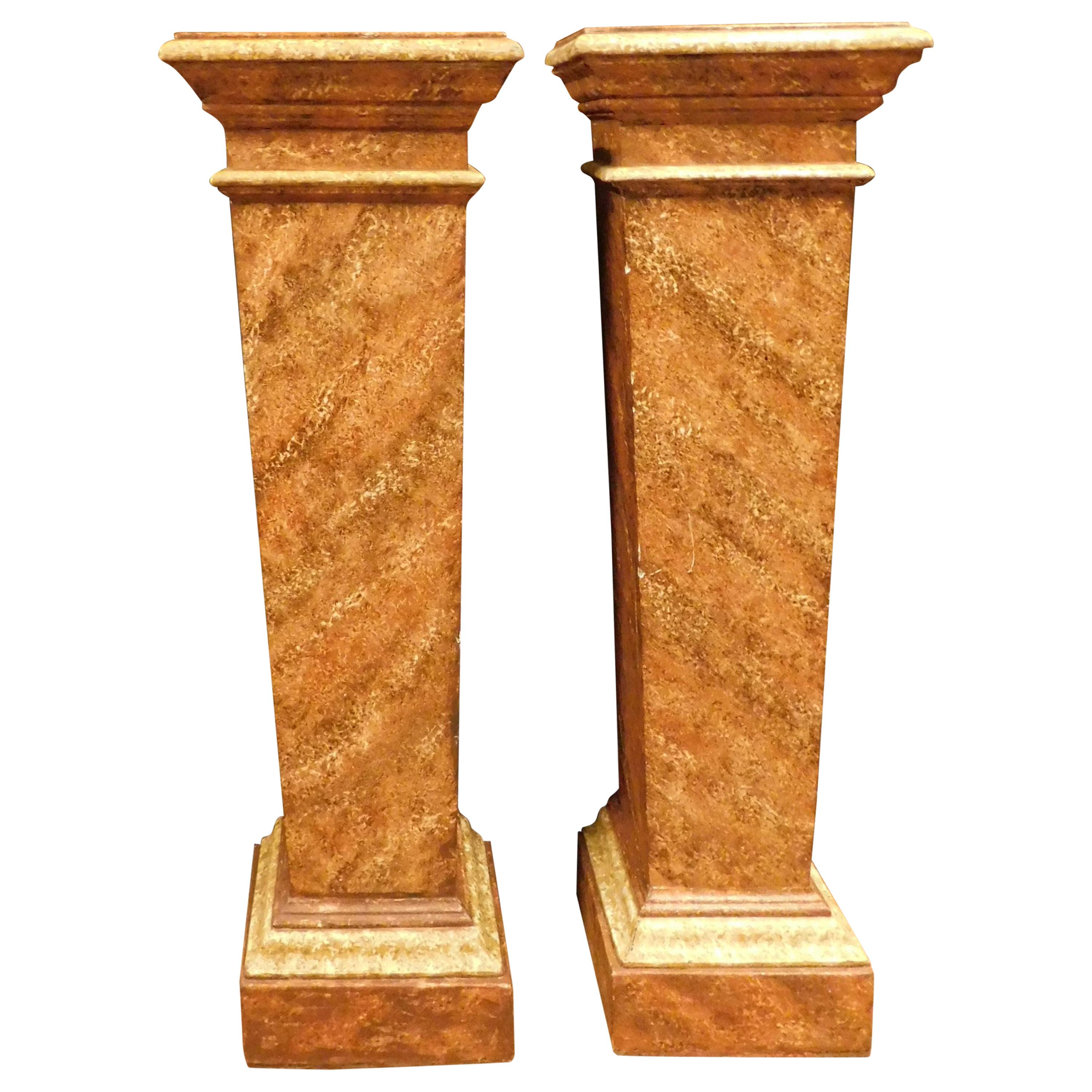 Antique Pair of Columns in Lacquered Imitation Orange Marble, 1800, Italy For Sale