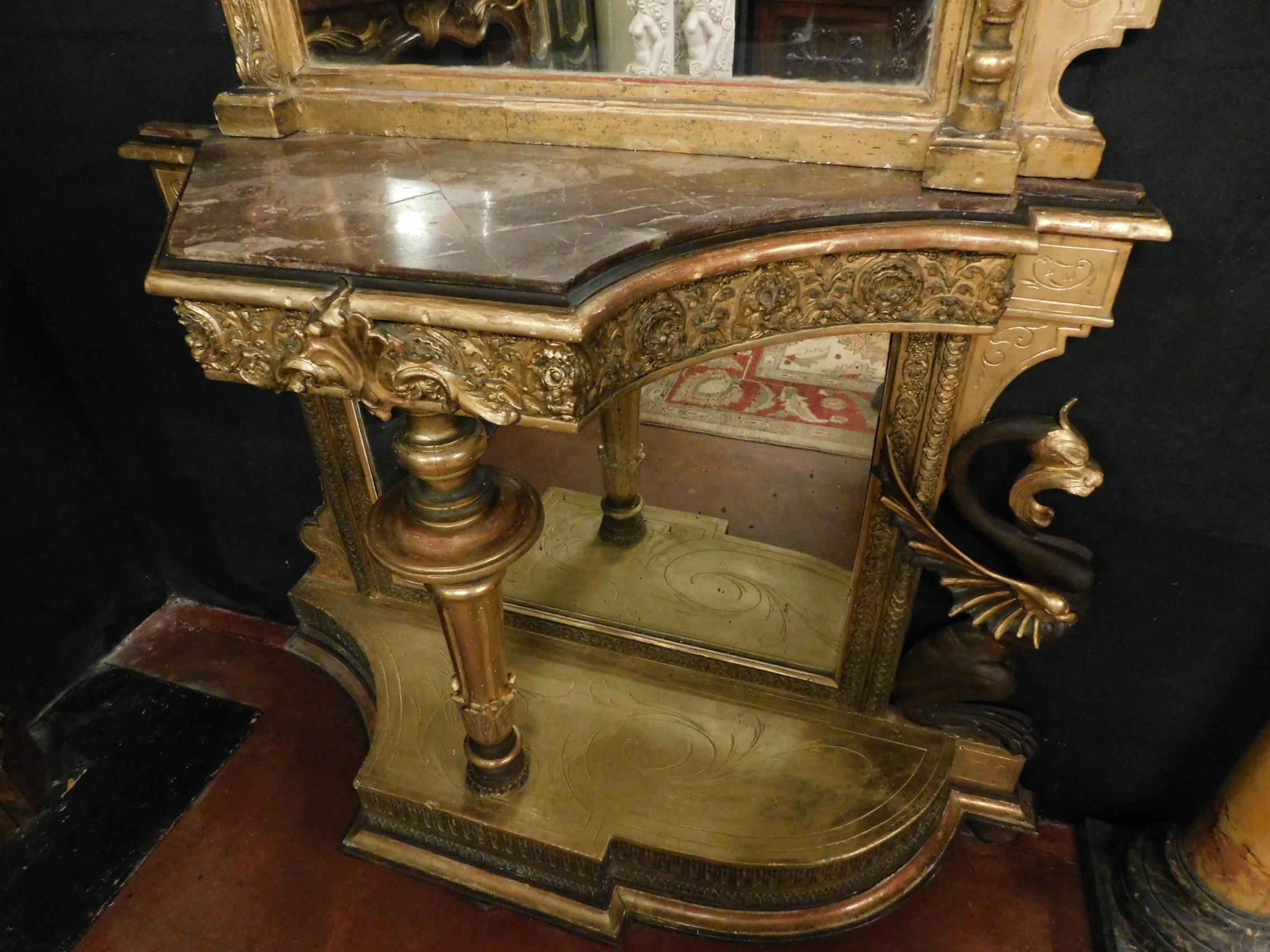 French Antique Pair of Console Tables with Gothic Neogothic Mirror, Gold Wood Dragons